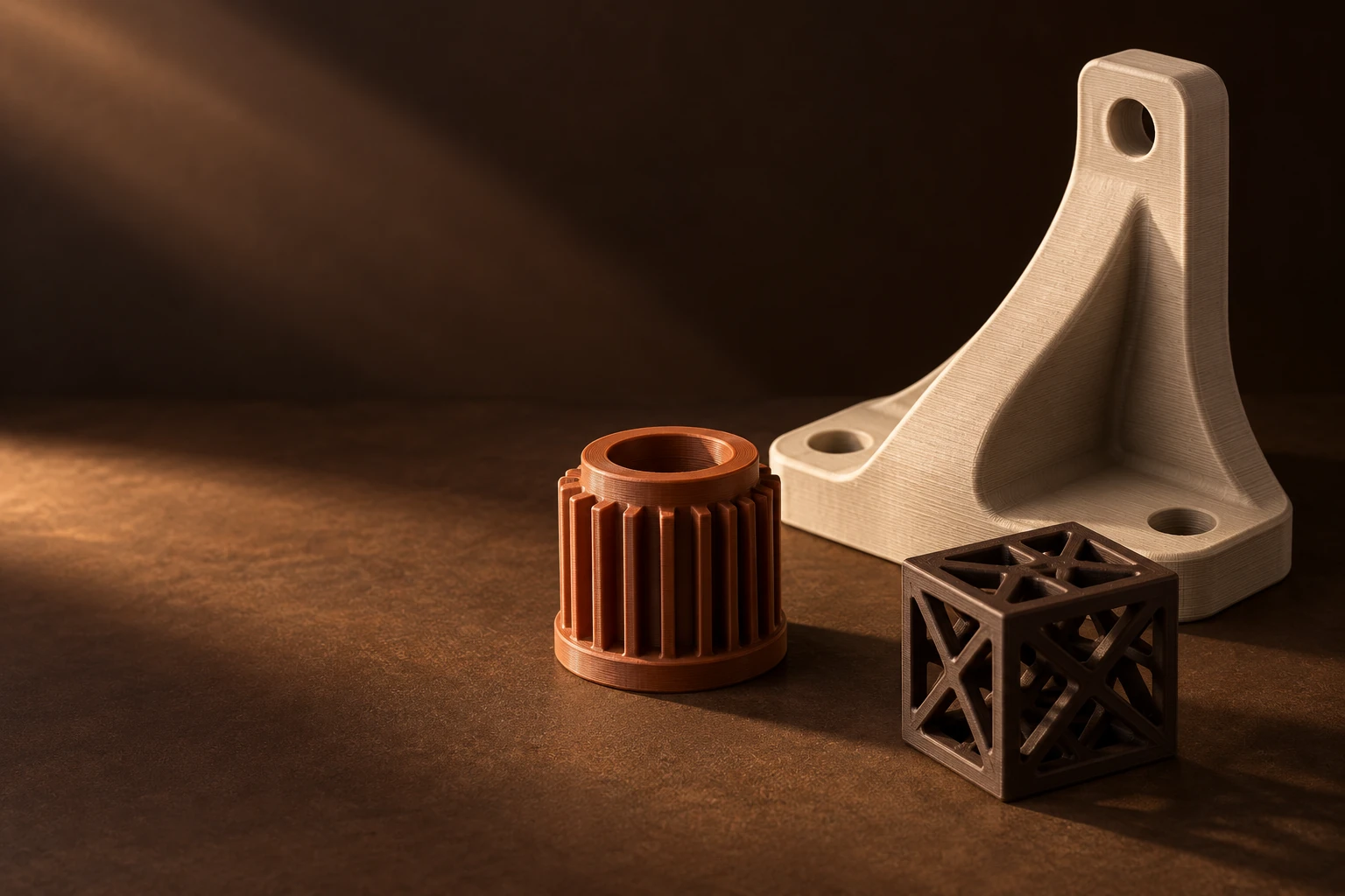 3D-Druck-Visualisierung mit Bauteilen in Sand, Terrakotta und Braun